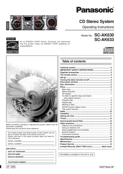 Panasonic SC-AK630/SC-AK633 CD Stereo System Operating Instructions - cover page