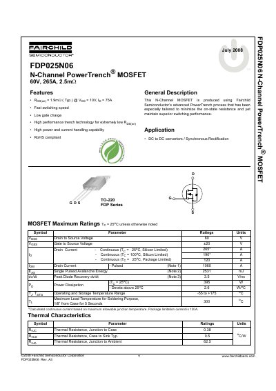 Fairchild FDP025N06 N-Channel PowerTrench MOSFET Datasheet