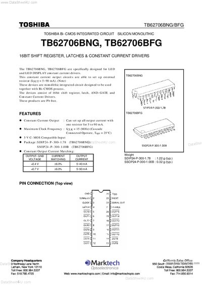 Toshiba TB62706BNG/TB62706BFG 16-Bit Shift Register Datasheet