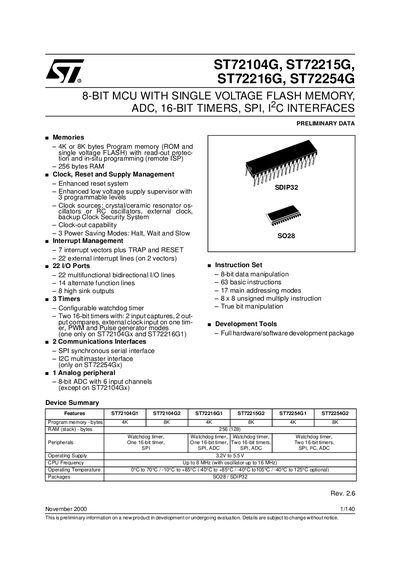 STMicroelectronics ST72104G/ST72215G/ST72216G/ST72254G Handbook - cover page