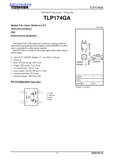 Toshiba TLP174GA Photocoupler Datasheet - cover page