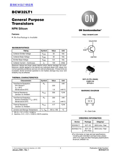 ON Semiconductor BCW32LT1 General Purpose Transistor Datasheet - cover page