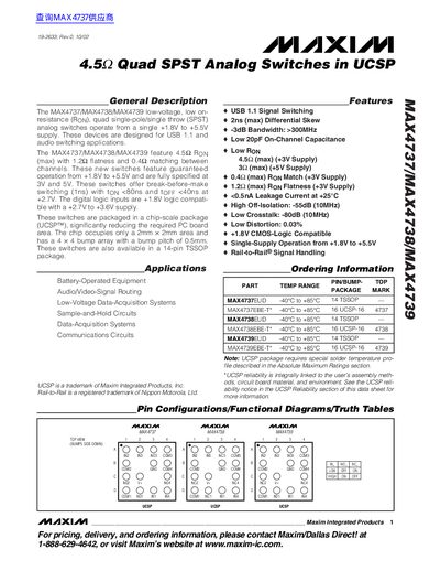 Maxim Integrated Products MAX4737/MAX4738/MAX4739 Quad SPST Analog Switches Datasheet - cover page