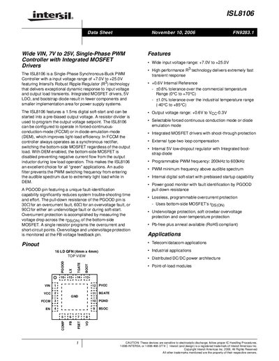 Intersil ISL8106 PWM Controller Datasheet - cover page