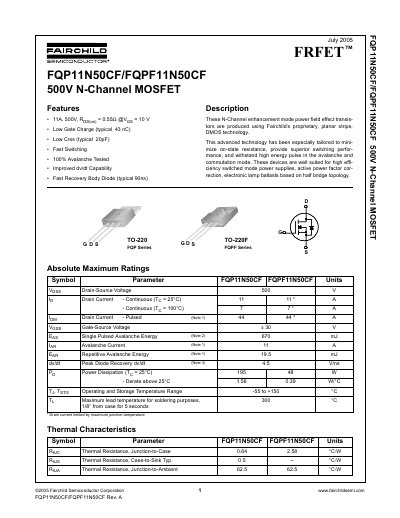 Fairchild FQP11N50CF/FQPF11N50CF 500V N-Channel MOSFET Datasheet