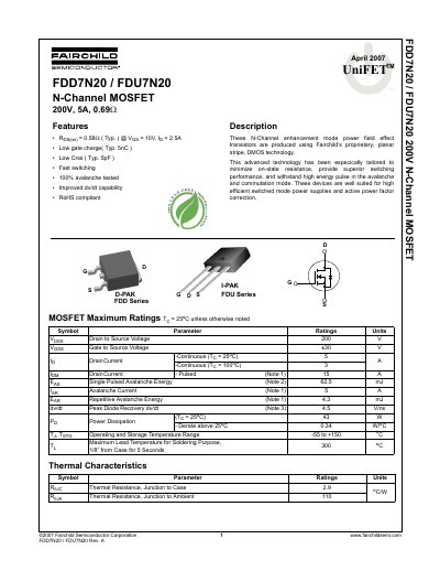 Fairchild Semiconductor FDD7N20/FDU7N20 N-Channel MOSFET Datasheet - cover page
