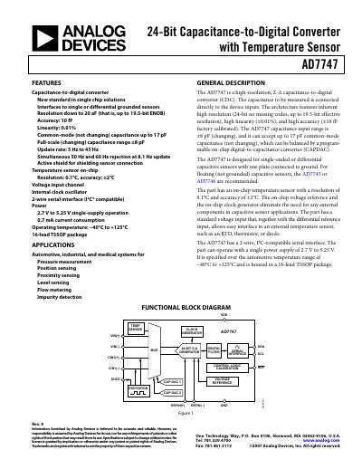 Analog Devices AD7747 24‑Bit Capacitance‑to‑Digital Converter Datasheet