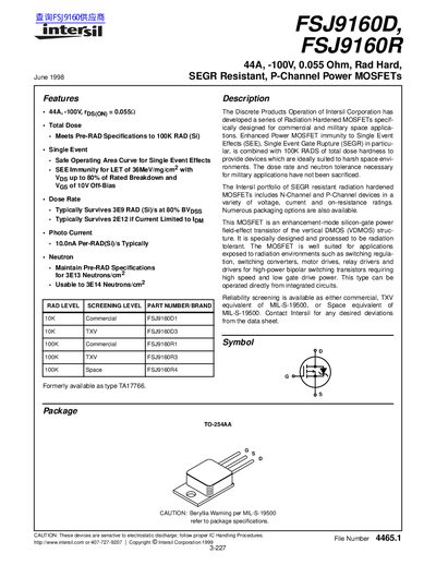 Intersil FSJ9160D/FSJ9160R P-Channel Power MOSFET Datasheet - cover page