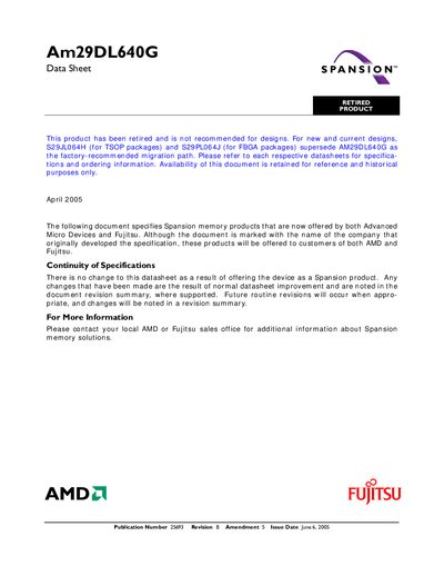 AMD Am29DL640G Flash Memory Datasheet - cover page