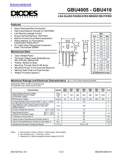 Diodes GBU4005-GBU410 Bridge Rectifier Datasheet - cover page