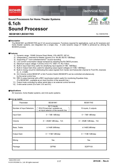 ROHM BD3816K1 and BD3817KS Sound Processor Technical Note - cover page