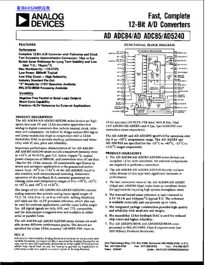 Analog Devices AD ADC84/AD ADC85/AD5240 Datasheet - cover page