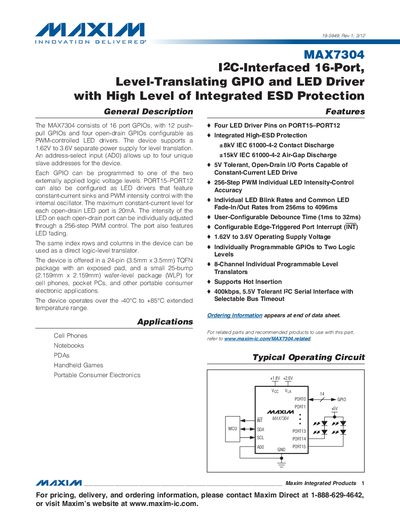 Maxim MAX7304 I2C‑Interfaced 16‑Port Level‑Translating GPIO and LED Driver Datasheet - cover page