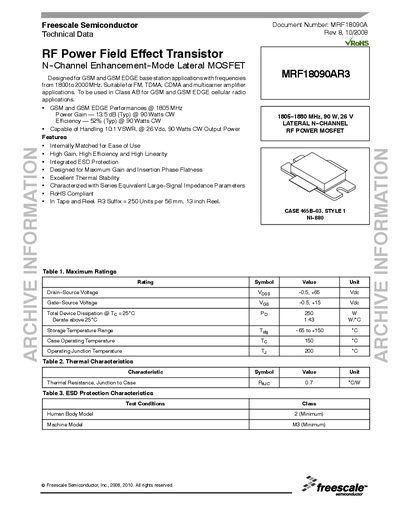 Freescale MRF18090AR3 RF Power Field Effect Transistor Datasheet - cover page