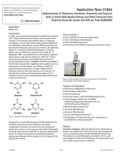 Determination of Melamine and Related Compounds Using the Varian 220-MS Ion Trap GC/MS/MS Application Note - cover page