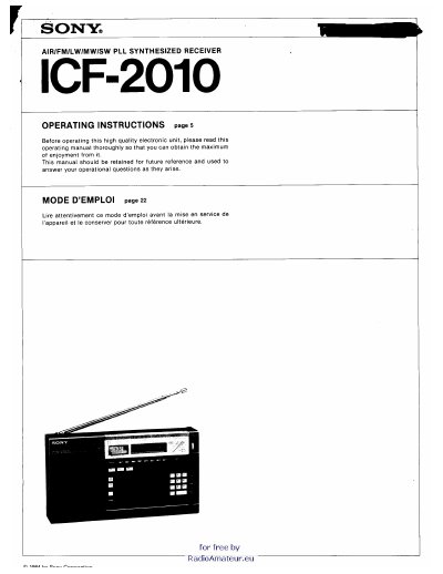 Sony ICF-2010 Receiver Operating Instructions - cover page
