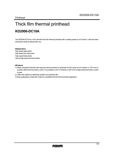 ROHM KD2006-DC10A Thermal Printhead Datasheet - cover page