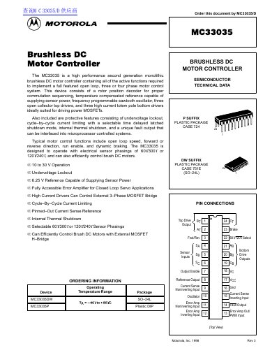 Motorola MC33035 Brushless DC Motor Controller Datasheet - cover page