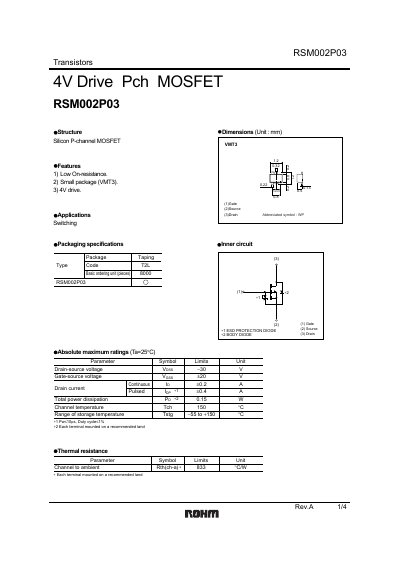 ROHM RSM002P03 Transistor Datasheet - cover page