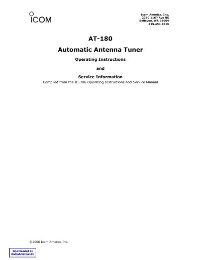 Icom AT-180 Automatic Antenna Tuner Operating Instructions - cover page