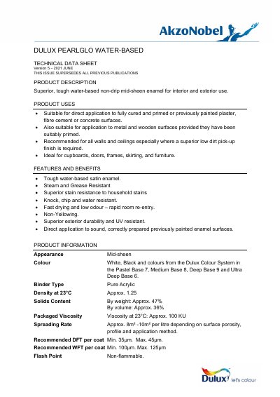 Dulux Pearlglo Water-Based Technical Data Sheet - cover page