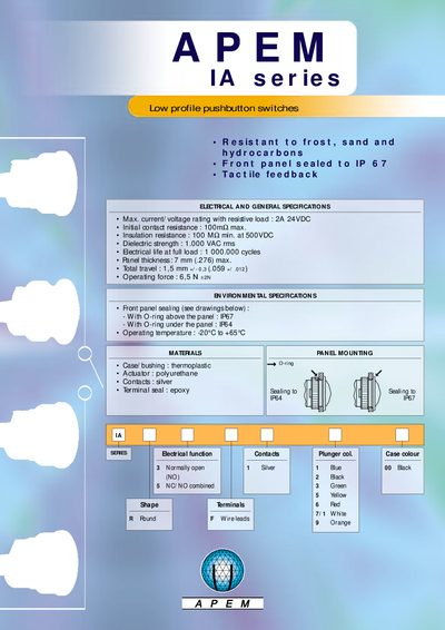 APEM IA Series Low Profile Pushbutton Switch Product Leaflet - cover page