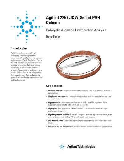 Agilent 2257 J&W Select PAH Column Data Sheet - cover page