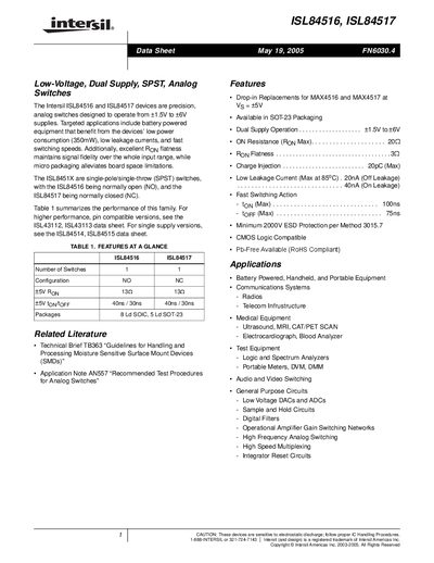 Intersil ISL84516 / ISL84517 Analog Switches Datasheet - cover page