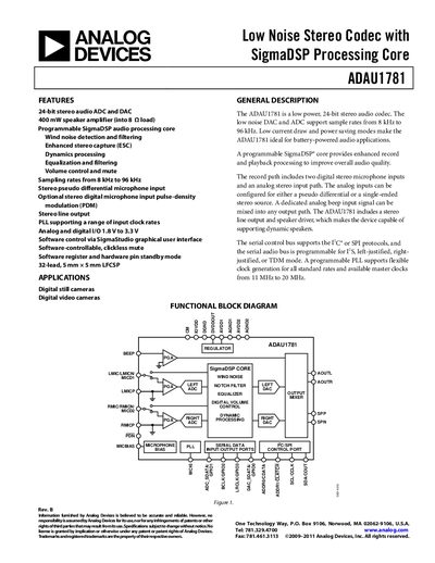 Analog Devices ADAU1781 Audio Codec Datasheet - cover page