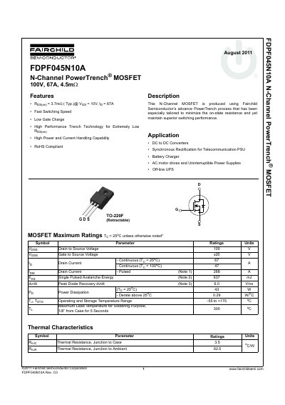 Fairchild FDPF045N10A N-Channel PowerTrench MOSFET Datasheet - cover page