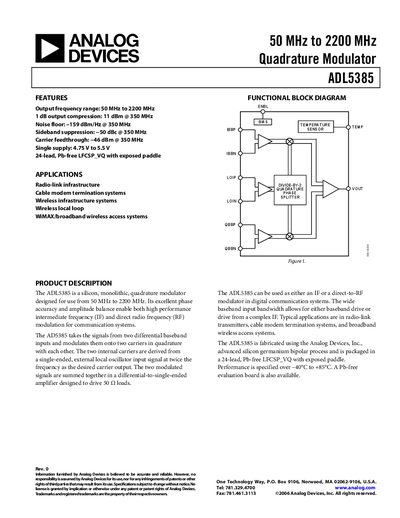 Analog Devices ADL5385 Quadrature Modulator Datasheet - cover page