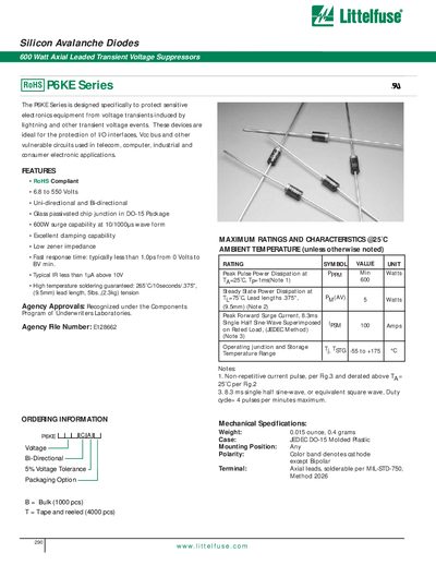 Littelfuse Silicon Avalanche Diodes 290 w w w. l i t t e l f u s e . c o m 600 Watt Axial Leaded Transient Voltage Suppressors  - cover page