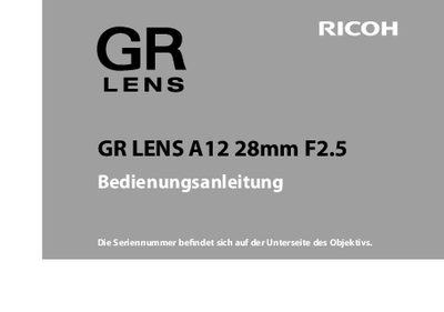 Ricoh GR LENS A12 28mm F2.5 User Manual - cover page