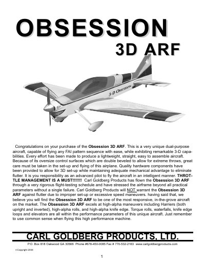 Carl Goldberg Products Obsession 3D ARF Assembly Manual - cover page