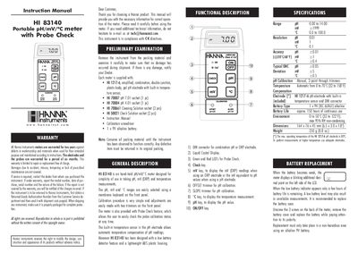 Hanna Instruments HI 83140 Portable pH/mV/°C Meter Instruction Manual - cover page