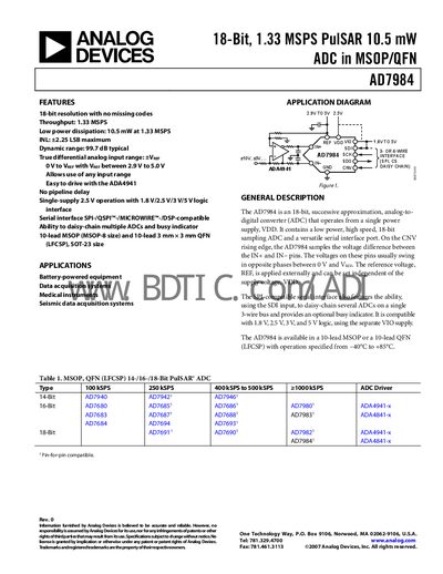 Analog Devices AD7984 18‑Bit ADC Datasheet - cover page