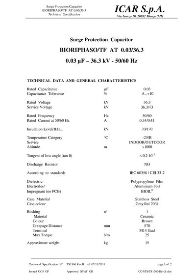 ICAR BIORIPHASO/TF AT 0.03/36.3 Surge Protection Capacitor Datasheet - cover page