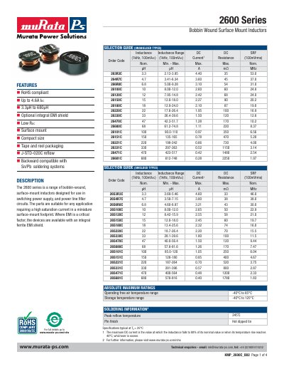 Murata 2600C Series Surface Mount Inductor Datasheet - cover page