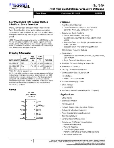 Intersil ISL1209 Real Time Clock/Calendar Datasheet - cover page
