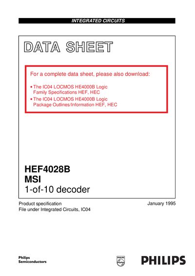 Philips HEF4028B 1-of-10 Decoder Datasheet - cover page