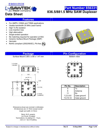 Sawtek Part Number 856331 836.5/881.5 MHz SAW Duplexer Data Sheet - cover page