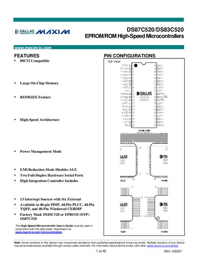 Maxim DS87C520/DS83C520 EPROM/ROM High-Speed Microcontroller Datasheet - cover page