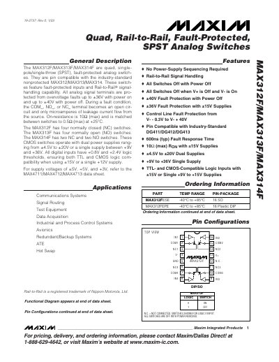 Maxim MAX312F/MAX313F/MAX314F Quad, Rail-to-Rail, Fault-Protected SPST Analog Switches Data Sheet - cover page