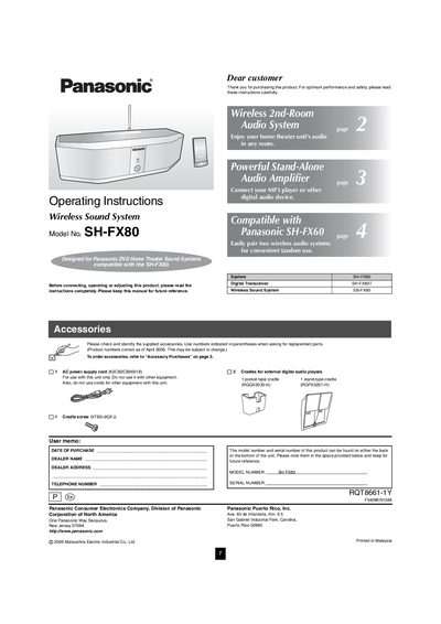 Panasonic SH-FX80 Wireless Sound System Operating Instructions - cover page