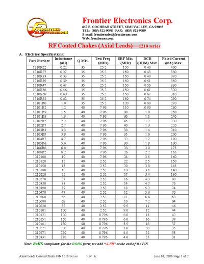 Frontier Electronics RF Coated Chokes 1210 Series Product Manual - cover page