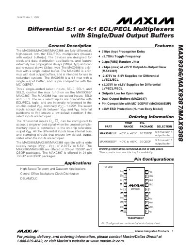 Maxim Integrated MAX9386/MAX9387/MAX9388 ECL/PECL Multiplexer Datasheet - cover page
