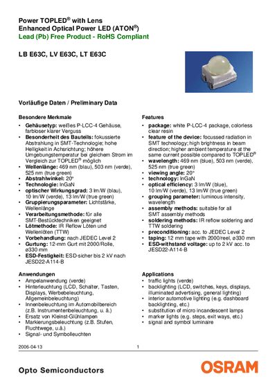 OSRAM E63C Power TOPLED with Lens Enhanced Optical Power LED Datasheet - cover page
