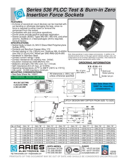 Aries Series 536 PLCC Test & Burn-in Zero Insertion Force Sockets Product Leaflet - cover page
