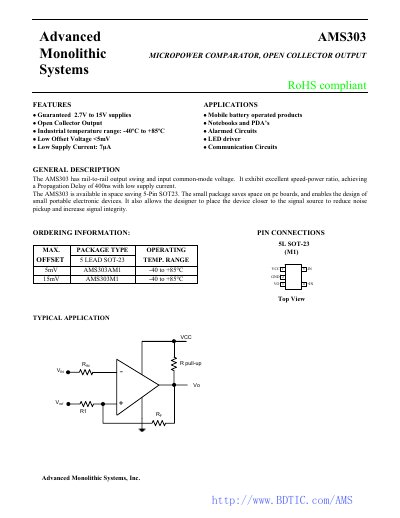 Advanced Monolithic Systems AMS303 Comparator Datasheet - cover page