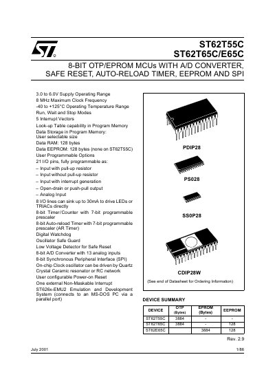 STMicroelectronics ST62T55C / ST62T65C / ST62E65C 8-bit OTP/EPROM MCU Datasheet - cover page